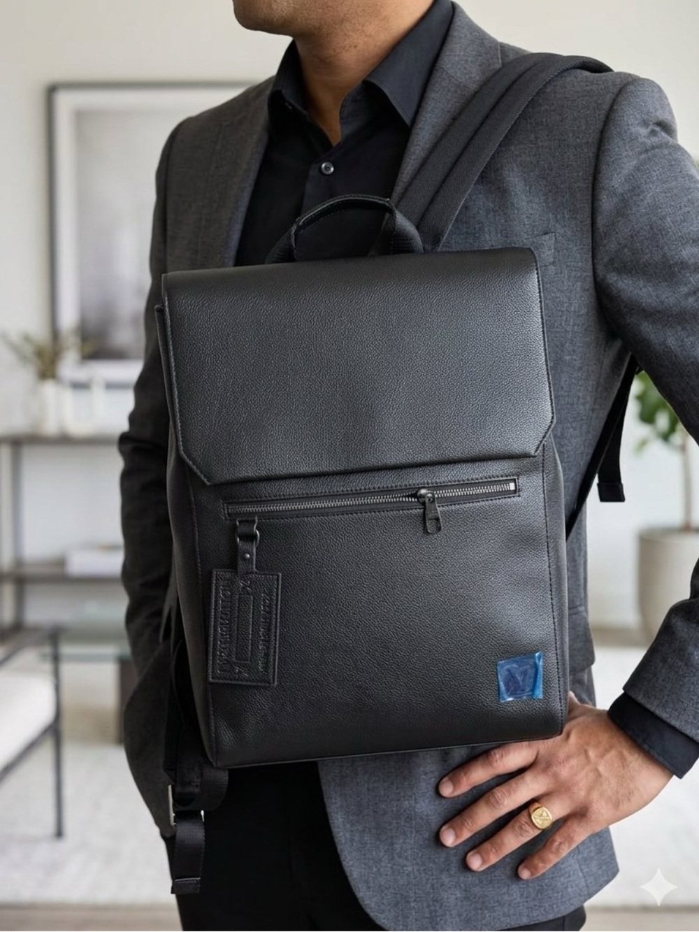 Black  Laptop Backpack with Front Zip Pocket - Modern Minimalist